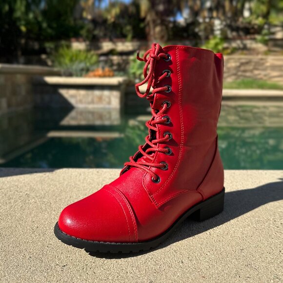Shoes - New True Red Lace Up Military Combat Moto Ankle Boots Booties Low Block Heel Zip